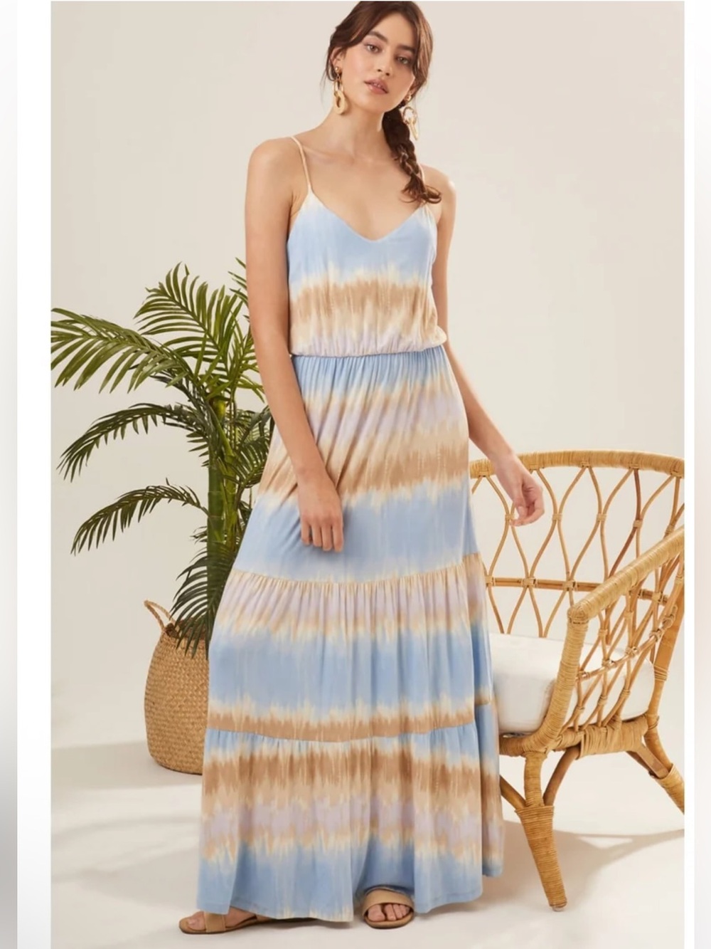 Lush - Women's Tie-Dye Maxi Dress in Blue, Tan & Lavender